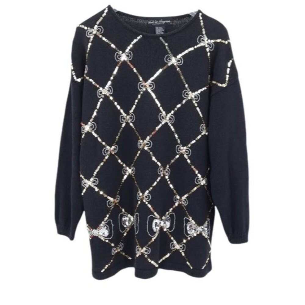 VTG 80s Work in Progress Black Silver Gold Beaded Sequin Diamond Bow Sweater L